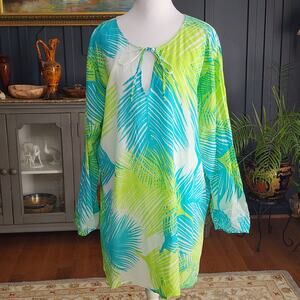 West Indies Blue Green Palm Motif Coverup Tunic Sz XXL